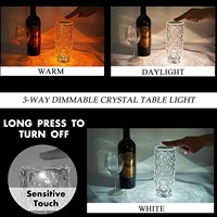Lampes de table en cristal de rose rechargeables, commande tactile, lampe de chevet, 3 couleurs changeantes, lumière de nuit romantique en acrylique LED