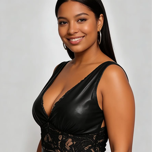 Vestido Mini Ajustado de Piel Sintética Negra para Mujer Talla Grande - Vestido Sexy de Verano sin Mangas con Cuello en V Profundo y Ribete de Encaje para Fiesta - Product Image 1