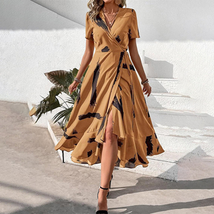 <span class=keywords><strong>Maxi</strong></span> abito da donna con stampa estiva bohémien Casual Boho floreale con scollo a V manica corta con motivo a volant abiti lunghi da spiaggia - Product Image 5