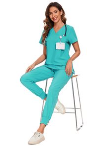 Ensemble de gommages pour femmes-Haut de gommage extensible à col en V et pantalon de jogging avec 8 poches (col en V avec pantalon cargo) pantalon de gommage à jambe droite - Product Image 6