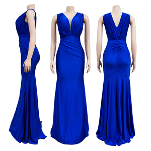 C6357 Dernières robes design pour femmes Robes de soirée couleur unie col en v sans manches froncé Robes longues femmes Robes de bal 2023 - Product Image 5