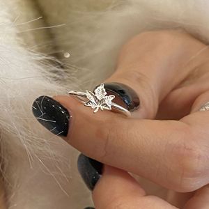 S925 Pure Silver Women's Fashion <b>Ring</b> Light Luxury Niche Design Forest Maple Leaf Tail <b>Open</b> Mouth <b>Ring</b> Layered Sweet Girl Style - Product Image 5