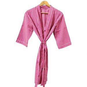 Bata Kimono de Algodón Rosa Floral para Mujer, Manga Larga, Cuello en V, Larga, Ligera, Suave, con Cierre de Cordón, Casual - Product Image 1