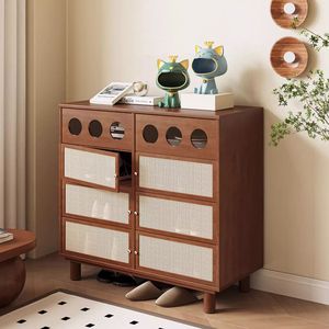 Retro Solid Wood Shoe Cabinet With Rattan <b>Drawers</b> Double Doors Entryway Storage For <b>Small</b> Homes - Product Image 1