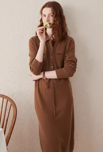 Vestido de mujer ropa con Cuello de camisa con cordones elegante 100% Cachemira Otoño Invierno jerséis de punto ajustado Vestido largo de lana