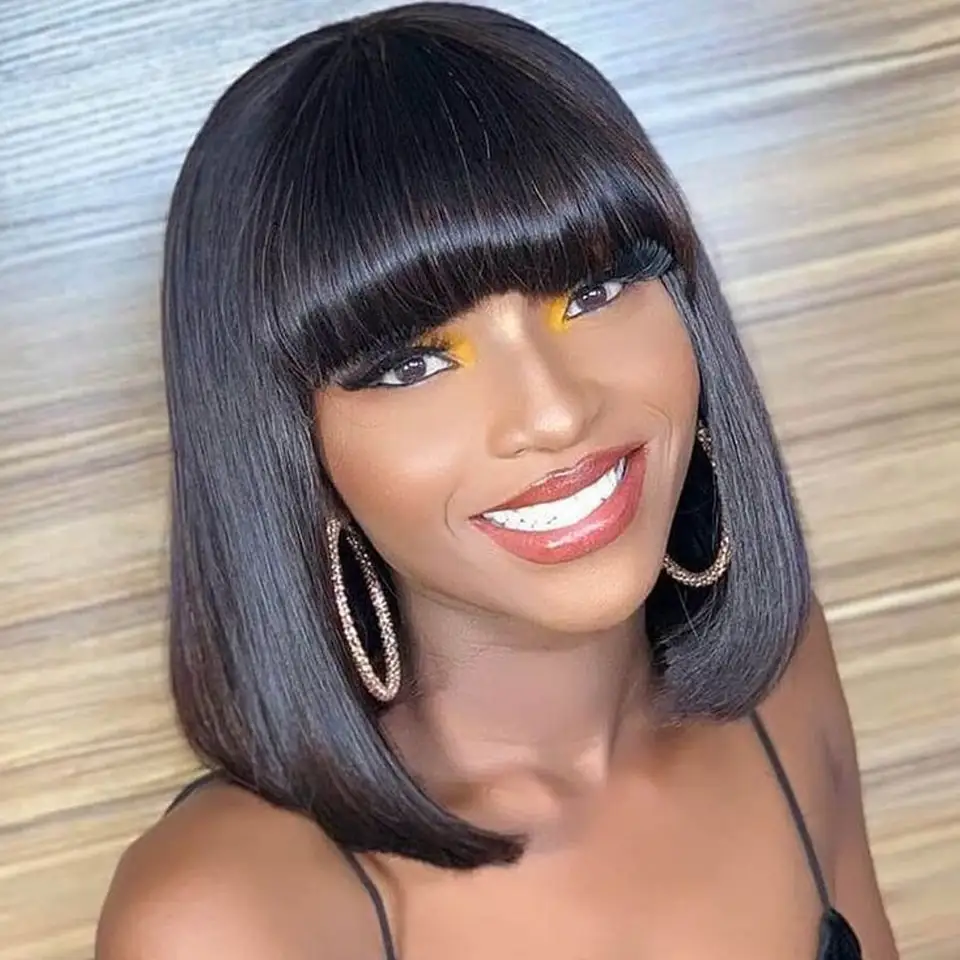 100% Human Hair Natural Looking Short Bob Wig With Bangs Brazilian Virgin Remy Straight Fringe Bob Style Cut Wig For Black Women