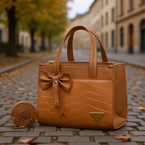 Bolso Bandolera Fana Lara Camel, Cuero Genuino con Patrón de Cocodrilo, Decoración con Lazo, Asa Única, Estilo Vintage, Uso Diario - Product Image 2