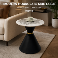Table d'appoint moderne en dalle de roche ronde avec base en fer noir en forme de sablier, fabrication directe usine OEM/ODM, pour salon, hôtel, salle de séjour, chambre à coucher