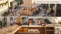 Kiosque à café modulaire d'extérieur, panneau en bambou, structure en acier, comptoir, table et chaises, ensemble portable, café pop-up, présentoirs