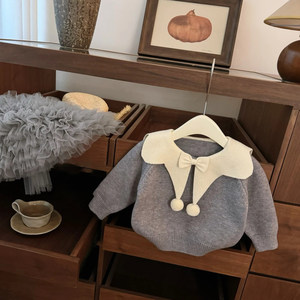 Tongxingyuan Girls Gray Sweater Princess Collar Thickening Soft With Bowknot For Kids - Product Image 2