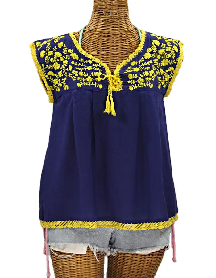 Tessuto blu con ricamo giallo camicette e top donna messicana senza maniche STC82