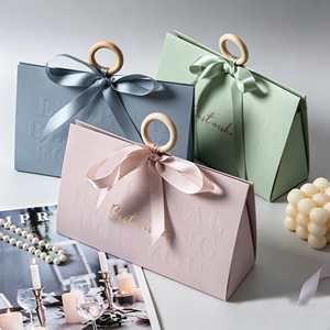 Eco‑friendly Recyclable Triangular Paper Gift Bags Wholesale With Wooden Circle Handle Satin Ribbon Bow Embossed Text And Best - Product Image 2