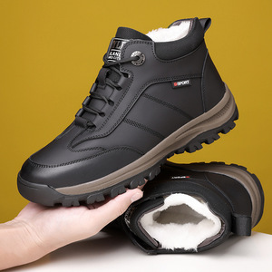 Bottes d'hiver chaudes pour hommes, doublées de polaire, épaisses, pour l'extérieur, noires et grises, à lacets, style sport, chaussures en cuir à tige haute - Product Image 4