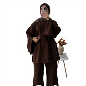 Conjunto de Pantalones y Vestido Abaya de Moda Modesta para Mujer, Cuello en V, Manga Larga, Ropa Musulmana Sólida de Dos Piezas, Atuendo Hijabi para Uso Diario en Primavera/Otoño - Product Image 3