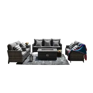 Mobiliário de exterior Conjuntos de sofás de vime para pátio ao ar livre Fogueira com sofás para assentos