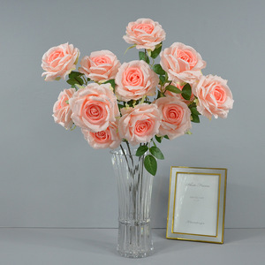 Rosa artificial Dongchen Crafts de un solo tallo con 3 cabezas y borde rizado para decoración del hogar y bodas - Product Image 1