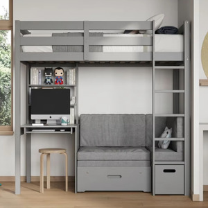 Lit superposé en bois massif avec tiroirs de rangement et bureau intégré, lit superposé double sur grand lit avec rangement en bois - Product Image 2
