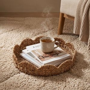 Round Woven Storage <b>Basket</b> Seaweed Handmade Living Room Coffee <b>Table</b> Top Tray Sustainable Unfinished One Compartment - Product Image 1