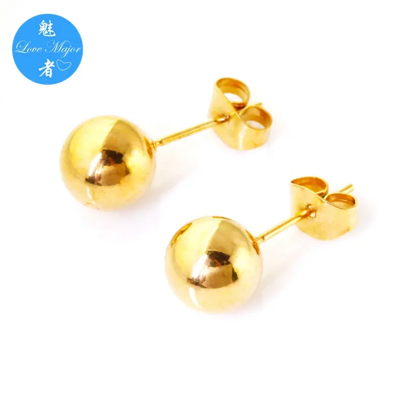 Pendientes clásicos de bola chapados en oro de 6mm y 18 quilates, joyería de acero inoxidable, regalo de moda