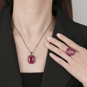 High Quality Eco-friendly Copper 12*16mm Red Blue Zircon Black Gold Plated Retro Pendant Set Zirconia Jewelry Set - Product Image 6
