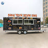 Remorque de restauration mobile Honlu, food truck carré à double essieu, entièrement équipée pour la vente de burgers, sandwichs et autres plats préparés.