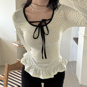 Top ajustado de manga larga con lunares para mujer, con lazo y ribete en contraste, dobladillo peplum - Product Image 4