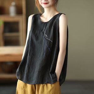 Retro Embroidered Cotton <b>Linen</b> Camisole Sleeveless <b>Top</b> Women <b>Plus</b> <b>Size</b> Loose Casual Summer Wear Pink White Black Beige Yellow - Product Image 4