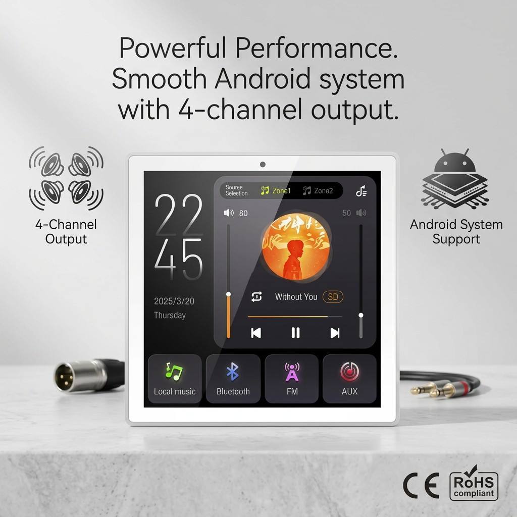 Tianlai 86X Two Zone Smart Home Background Music System Audio Control Panel LCD Touch Screen for Villa