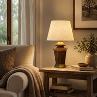 Lampe de table bohème en rotin, style vintage, abat-jour en tissu de lin, base en laiton, lampe de lecture de bureau pour chambre à coucher et hôtel