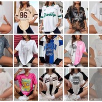 T-shirt imprimé en coton à manches courtes coupe ample pour femme, modèle Chine 120-856, vente en gros de surplus transfrontalier