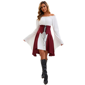 Disfraz de pirata para mujer, top de manga larga con hombros descubiertos, falda color borgoña y cintura con cordones para fiesta de Halloween o Renacimiento - Product Image 5