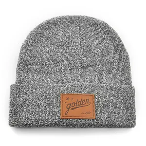 Conception de votre propre logo, bonnet personnalisé, bonnet tricoté épais en fil de coton pour hommes de couleur grise, vente en gros