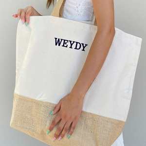 Сумка-тоут из органического хлопка и льна на заказ, большая многоразовая сумка для покупок с вышивкой и длинной лентой - Product Image 6