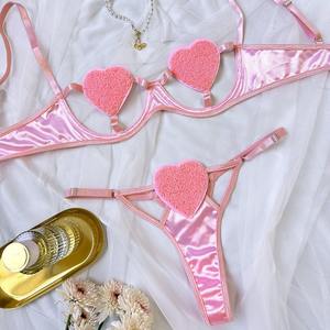 Conjunto de Lencería Sexy para Mujer, Bikini Rosa con Aberturas, Estilo Femenino y Juvenil, Sujetador de Tres Puntos - Product Image 1