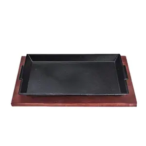 Rectangle Pre-seasoned Household cast iron dish tray with wood panel and both ears