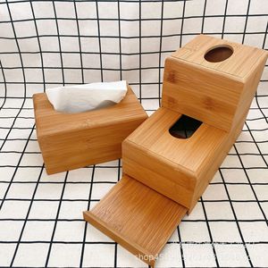 Caja de pañuelos de bambú cuadrada con tapa abatible, cajón de almacenamiento, organizador de escritorio para oficina y hogar - Product Image 2