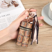 Porte-clés cylindrique à motif rétro, mini pochette en PU pour rouge à lèvres et monnaie, rangement portable pour écouteurs avec foulard en soie