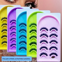 Lot de 5 paires de faux cils en cheveux synthétiques, style européen et américain, avec support de courbe, volume naturel et bande en coton