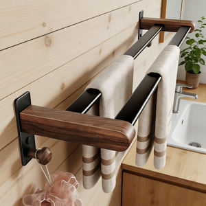 Porte-serviettes en noyer <span class=keywords><strong>sans</strong></span> perçage, barre à serviettes de salle de bain, double barre, fixation murale, rangement pour serviettes de salle de bain, porte-serviettes suspendu - Product Image 1