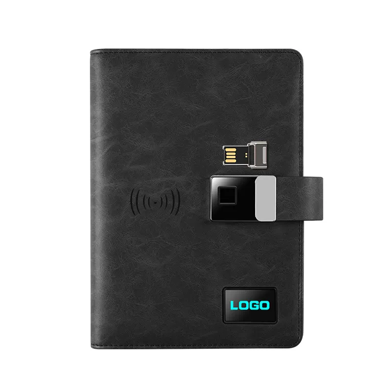 Custom Logo Diary Video display Sports Club Agenda A5 Finger Lock Notebook 8000mah Wireless Powerbank Notebook with USB