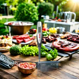 BBQ Fork Thermometer with Digital LCD Programmable for 6 Different Meat Types 4 Taste Levels for Kitchen Use