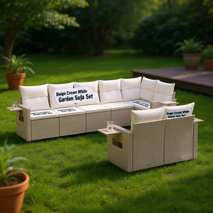 Ensemble de canapés de jardin beige crème blanc en rotin, mobilier d'extérieur imperméable au design contemporain - Product Image 2