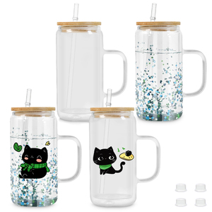 Wholesale Bulk 16oz Glass Juice Cups Pre Drilled <strong>Mason</strong> <strong>Jar</strong> Clear Double Wall Glass Snowglobe <strong>Tumbler</strong> With Handle - Product Image 1