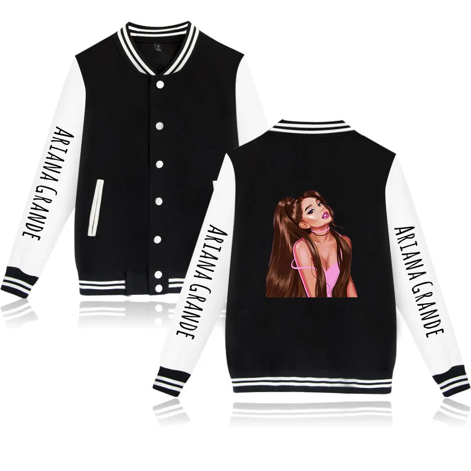 Al por mayor venta al por mayor nueva llegada de última moda de Ariana Grande varsity chaqueta blanco y negro Sudadera con capucha con botón