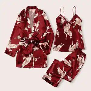 X1615 Competitive Price Smooth Hotel Long Sleeve Robe Tree Piece Stain Women Sleepwear Set For Hotel Sexy Women's Lingerie