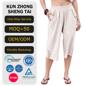 <span class=keywords><strong>Pantalones</strong></span> Casuales de Verano para Mujer, Personalizados de Fábrica, Cómodos, Transpirables, Cintura Elástica, Bolsillos con Botones, <span class=keywords><strong>Pantalones</strong></span> Capri de Lino, Plazo de Entrega de 15 Días - Product Image 1