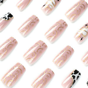 <span class=keywords><strong>Uñas</strong></span> Postizas Acrílicas Largas con Estampado de <span class=keywords><strong>Vaca</strong></span> Blanco y Negro y Serpiente Dorada Francesa, de Alta Calidad, para Venta al por Mayor - Product Image 3