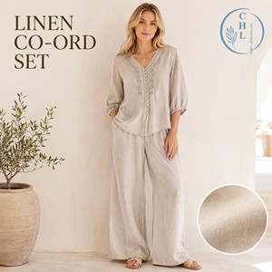 Completo Estivo <span class=keywords><strong>Donna</strong></span> 2026 Nuovo in Cotone <span class=keywords><strong>Lino</strong></span> con Decorazioni in Pizzo, Blusa e <span class=keywords><strong>Pantaloni</strong></span> a Gamba Larga Stile Cinese, Top con Scollo a V e <span class=keywords><strong>Pantaloni</strong></span> a Gamba Dritta Casual - Product Image 1