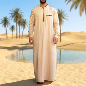 Qamis beige uni pour homme, à manches longues, col montant, longueur ras du sol, respirant, vêtement islamique traditionnel et modeste - Product Image 3