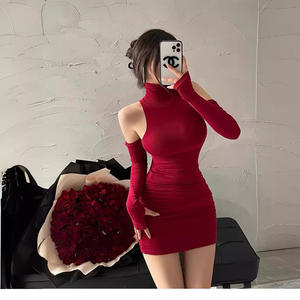 Vestido ajustado fruncido para mujer, minivestidos de cuello alto con mangas, Otoño, negro, ajustado, elástico, Vestidos de fiesta, ropa Y2K de moda - Product Image 1